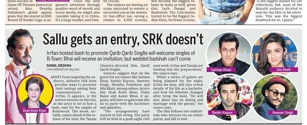 Mid-Day Reported Irrfan Invites Salman But Not SRK In His Single’s Party, Got Slammed By Actor - RVCJ Media