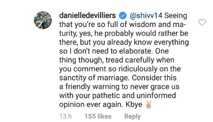 Fan Blames AB de Villiers' Wife Danielle For His Retirement, Danielle Shuts Down The Troll - RVCJ Media